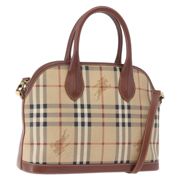 BURBERRY Nova Check Hand Bag PVC Leather 2way Beige Gold Tone Auth ka5442V