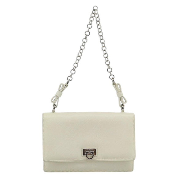 Salvatore Ferragamo Gancini Chain Shoulder Bag Leather Ivory Silver Auth ka5446V