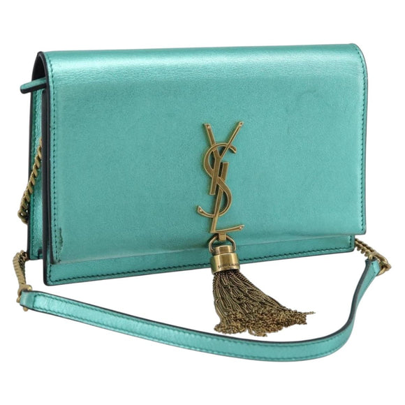 SAINT LAURENT Chain Shoulder Wallet Leather Green Gold Tone 452159 Auth ka5455V