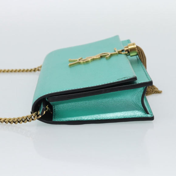 SAINT LAURENT Chain Shoulder Wallet Leather Green Gold Tone 452159 Auth ka5455V
