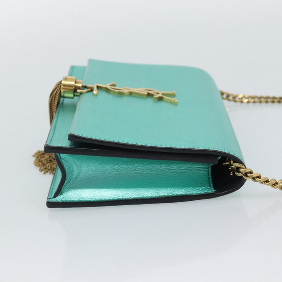 SAINT LAURENT Chain Shoulder Wallet Leather Green Gold Tone 452159 Auth ka5455V