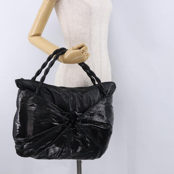 Salvatore Ferragamo Hand Bag Patent Black Silver Auth ka5460