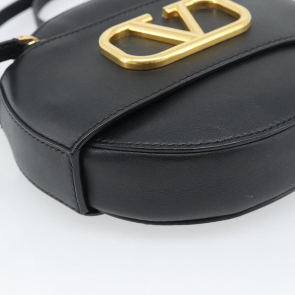 VALENTINO Shoulder Bag Leather Black Gold Tone Auth ka5473A