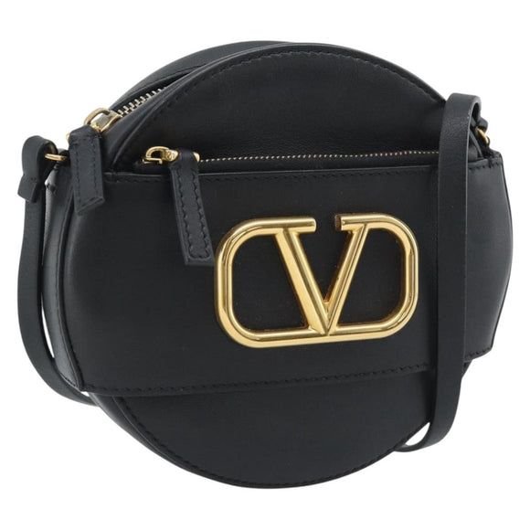 VALENTINO Shoulder Bag Leather Black Gold Tone Auth ka5473A