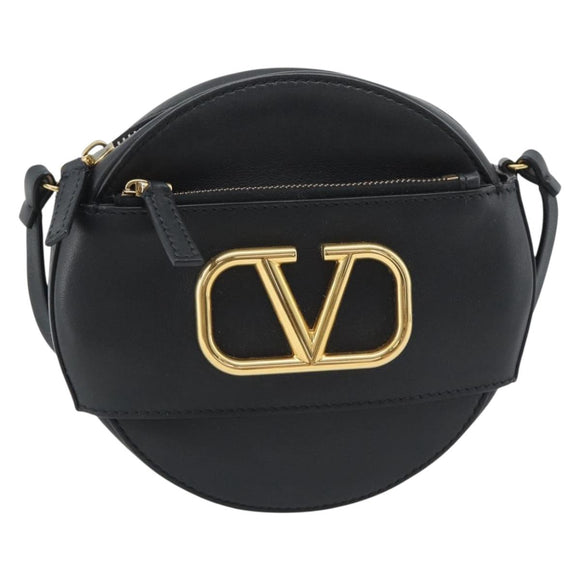 VALENTINO Shoulder Bag Leather Black Gold Tone Auth ka5473A