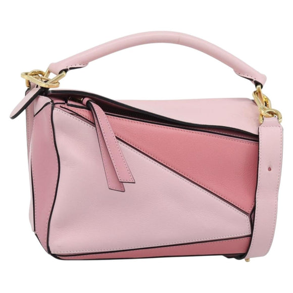 LOEWE Puzzle Small Hand Bag Leather 2way Pink Gold Tone Auth ka5476V