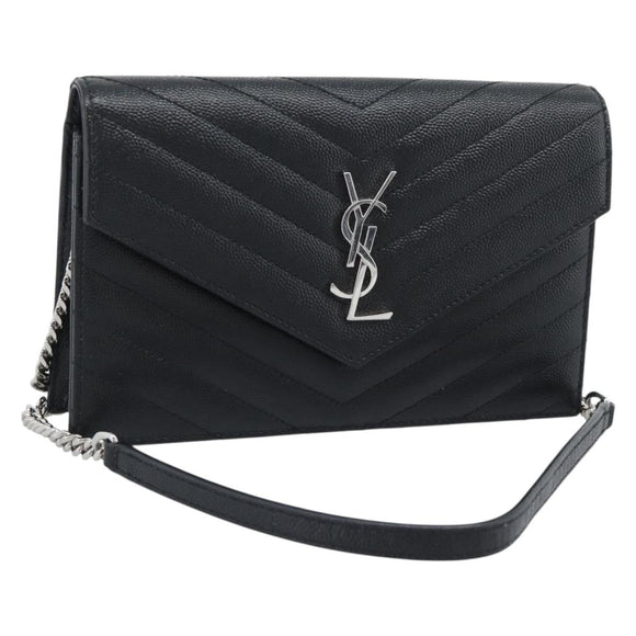 SAINT LAURENT Chain Shoulder Bag Leather Black Silver 742920 Auth ka5481V