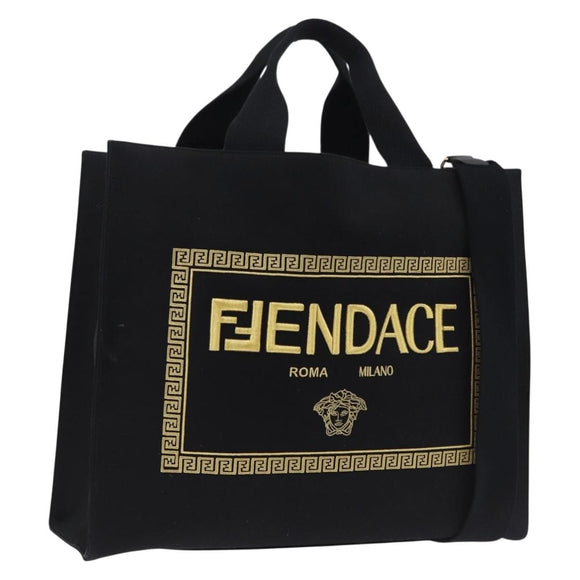 FENDI FENDACE Tote Bag Canvas 2way Black Gold 7VA558 Auth ka5494M