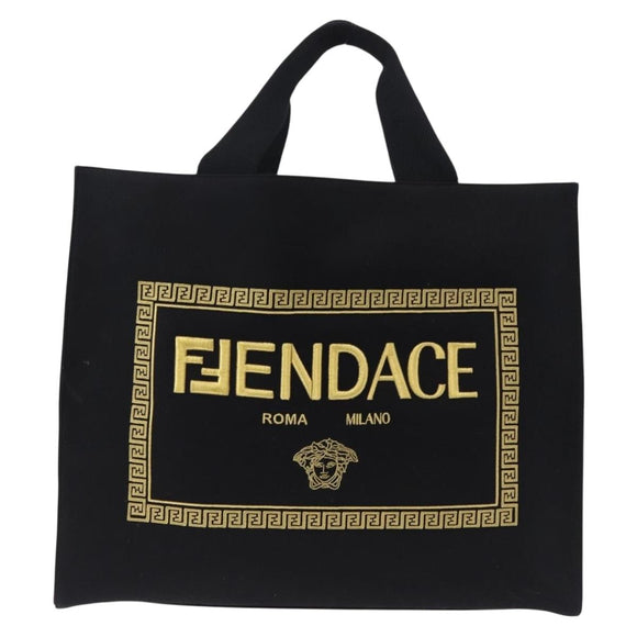 FENDI FENDACE Tote Bag Canvas 2way Black Gold 7VA558 Auth ka5494M