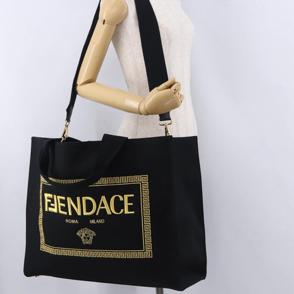 FENDI FENDACE Tote Bag Canvas 2way Black Gold 7VA558 Auth ka5494M