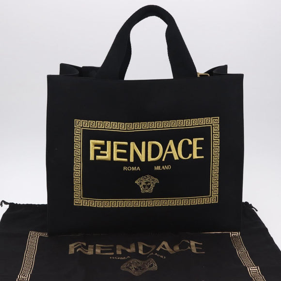 FENDI FENDACE Tote Bag Canvas 2way Black Gold 7VA558 Auth ka5494M