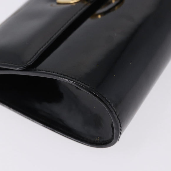 Salvatore Ferragamo Gancini Chain Shoulder Bag Patent Black Gold Auth ka5498