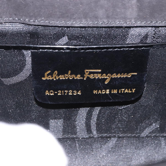 Salvatore Ferragamo Gancini Chain Shoulder Bag Patent Black Gold Auth ka5498