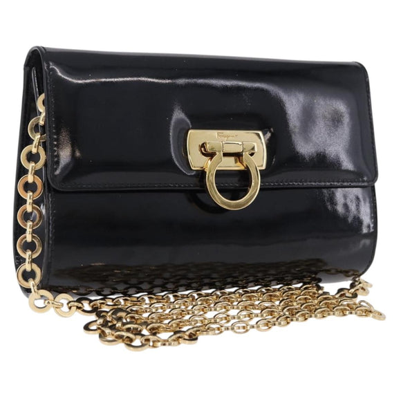 Salvatore Ferragamo Gancini Chain Shoulder Bag Patent Black Gold Auth ka5498