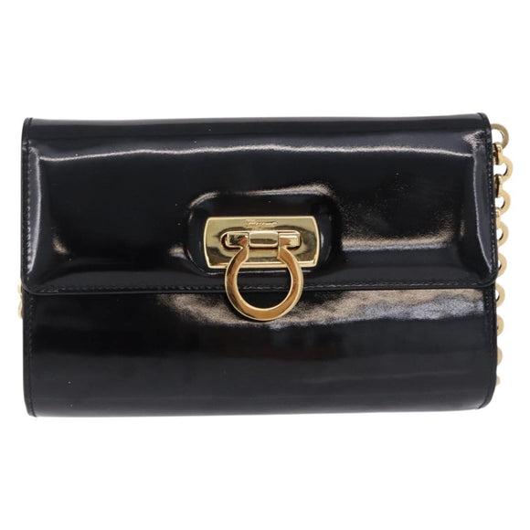 Salvatore Ferragamo Gancini Chain Shoulder Bag Patent Black Gold Auth ka5498
