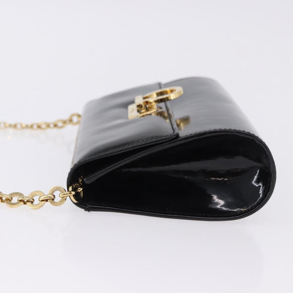 Salvatore Ferragamo Gancini Chain Shoulder Bag Patent Black Gold Auth ka5498