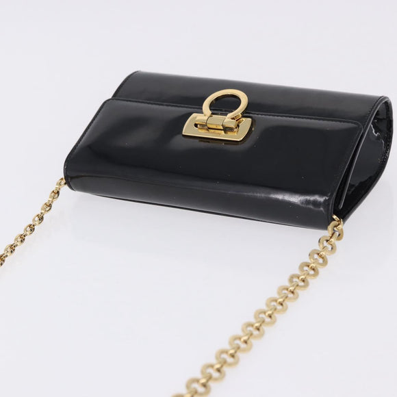 Salvatore Ferragamo Gancini Chain Shoulder Bag Patent Black Gold Auth ka5498