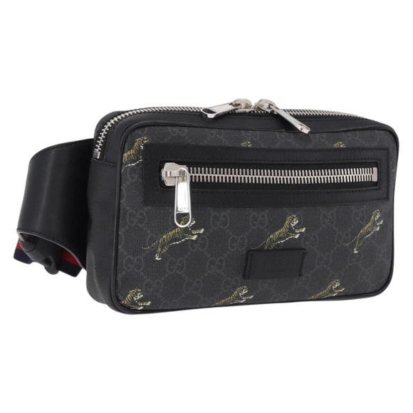 GUCCI GG Supreme Sherry Line Waist Bag PVC Black Silver 474293 Auth ka5506A