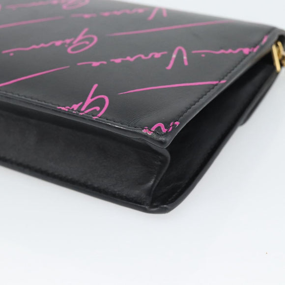 VERSACE Chain Shoulder Bag Leather Black Gold Tone Auth ka5520A
