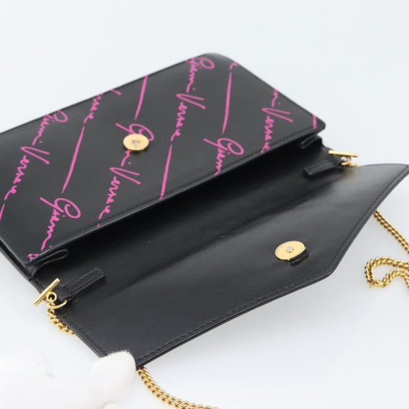 VERSACE Chain Shoulder Bag Leather Black Gold Tone Auth ka5520A