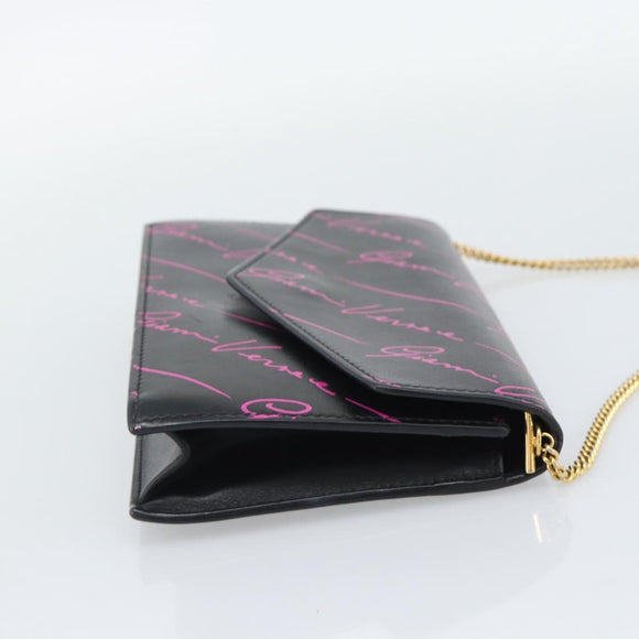 VERSACE Chain Shoulder Bag Leather Black Gold Tone Auth ka5520A