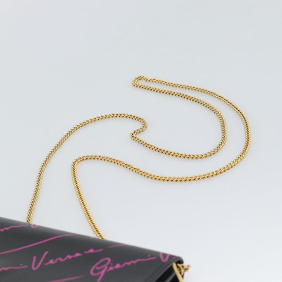 VERSACE Chain Shoulder Bag Leather Black Gold Tone Auth ka5520A