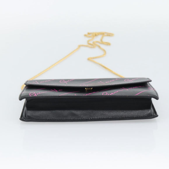 VERSACE Chain Shoulder Bag Leather Black Gold Tone Auth ka5520A