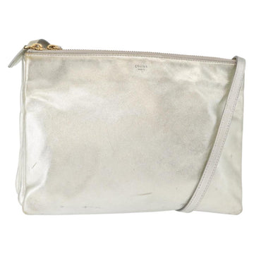 CELINE Trio large Shoulder Bag Leather Silver Gold Auth ka553