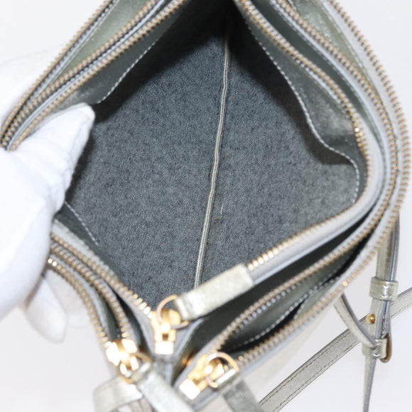 CELINE Trio large Shoulder Bag Leather Silver Gold Auth ka553