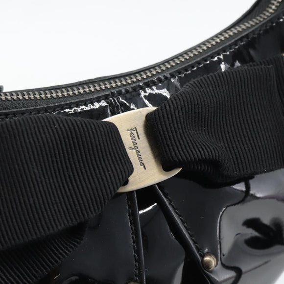 Salvatore Ferragamo Vala Shoulder Bag Patent Black Silver Auth ka5532A