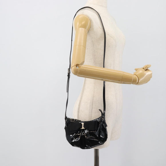 Salvatore Ferragamo Vala Shoulder Bag Patent Black Silver Auth ka5532A