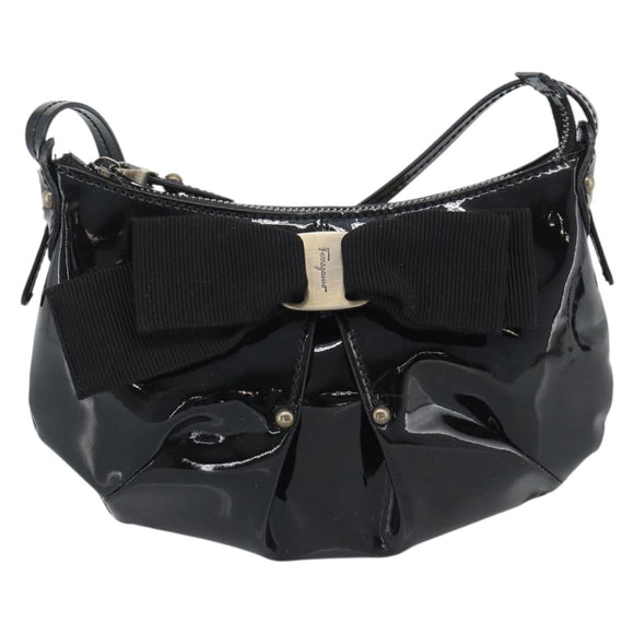 Salvatore Ferragamo Vala Shoulder Bag Patent Black Silver Auth ka5532A