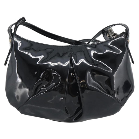 Salvatore Ferragamo Vala Shoulder Bag Patent Black Silver Auth ka5532A
