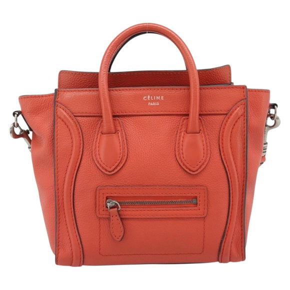 CELINE Luggage Nano Shopper Hand Bag Leather 2way Orange Silver Auth ka5539A