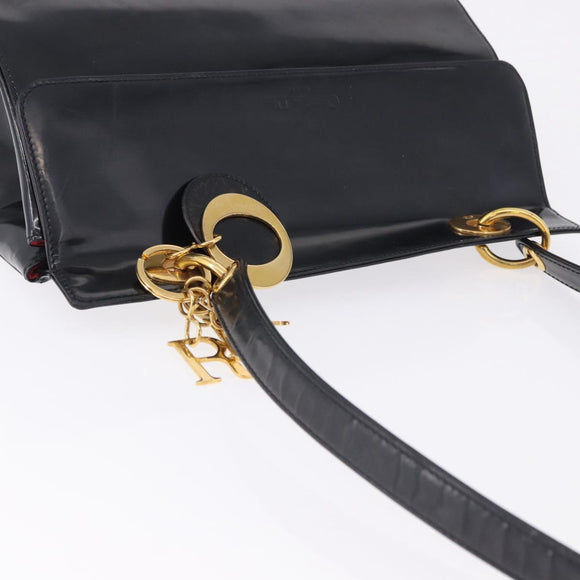 Christian Dior Shoulder Bag Patent Black Gold Tone Auth ka5543