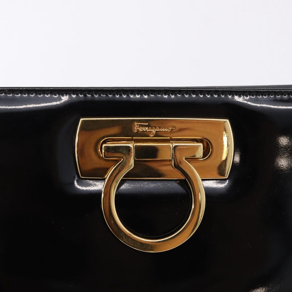 Salvatore Ferragamo Gancini Chain Shoulder Bag Patent Black Gold Auth ka5550A