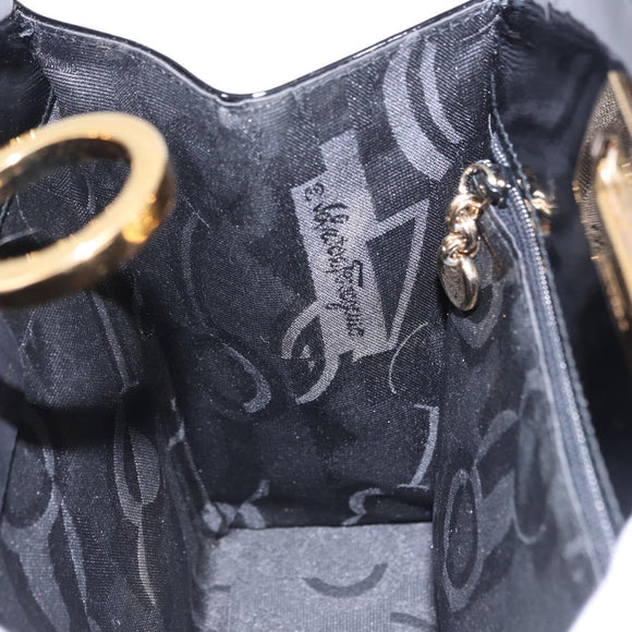 Salvatore Ferragamo Gancini Chain Shoulder Bag Patent Black Gold Auth ka5550A