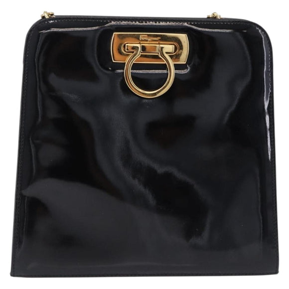 Salvatore Ferragamo Gancini Chain Shoulder Bag Patent Black Gold Auth ka5550A