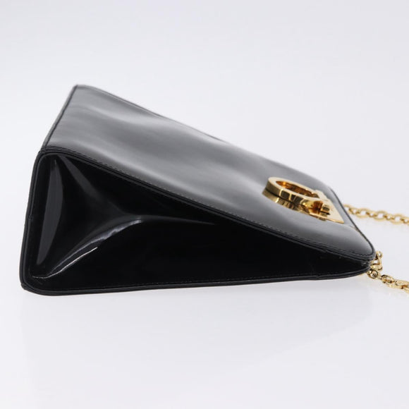 Salvatore Ferragamo Gancini Chain Shoulder Bag Patent Black Gold Auth ka5550A
