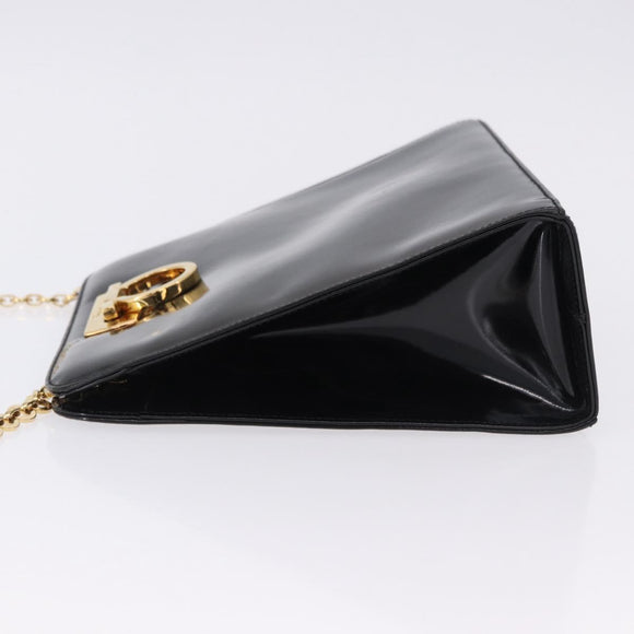 Salvatore Ferragamo Gancini Chain Shoulder Bag Patent Black Gold Auth ka5550A