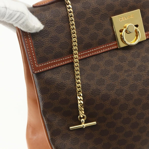 CELINE Macadam Canvas Hand Bag PVC Leather Brown Gold Auth ka556