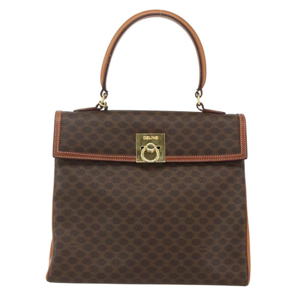 CELINE Macadam Canvas Hand Bag PVC Leather Brown Gold Auth ka556