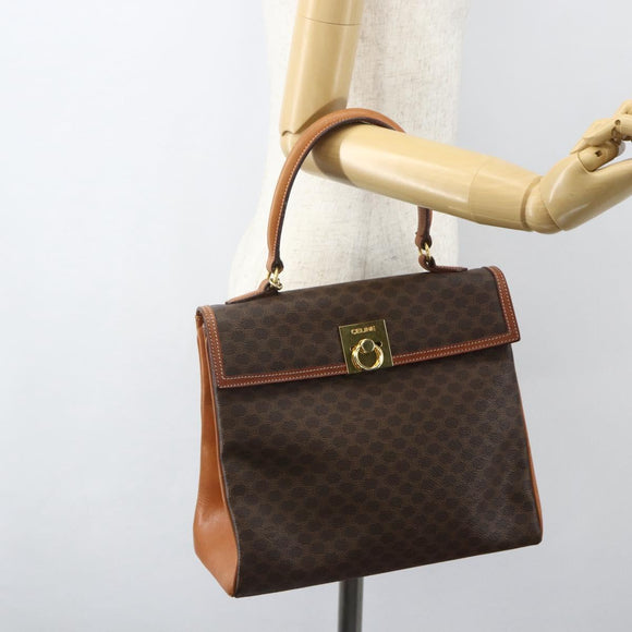 CELINE Macadam Canvas Hand Bag PVC Leather Brown Gold Auth ka556