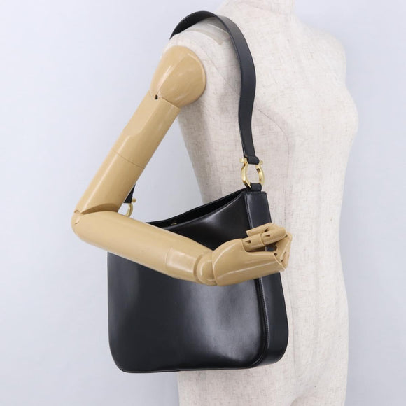Salvatore Ferragamo Gancini Shoulder Bag Leather Black Gold Tone Auth ka5563