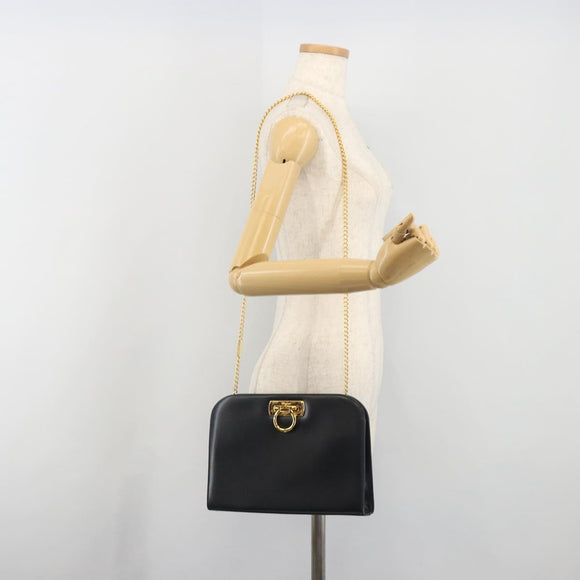 Salvatore Ferragamo Gancini Chain Shoulder Bag Leather Navy Gold Auth ka5564