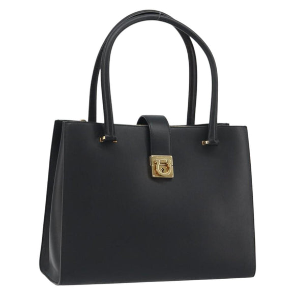 Salvatore Ferragamo Gancini Hand Bag Leather Black Gold Tone Auth ka5566A