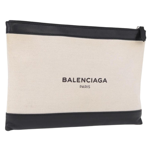 BALENCIAGA Navy Clip M Clutch Bag Canvas White Black 373834 Auth ka5572