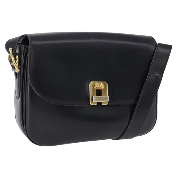 CELINE Horse Carriage Shoulder Bag Leather Black Gold Tone Auth ka5574