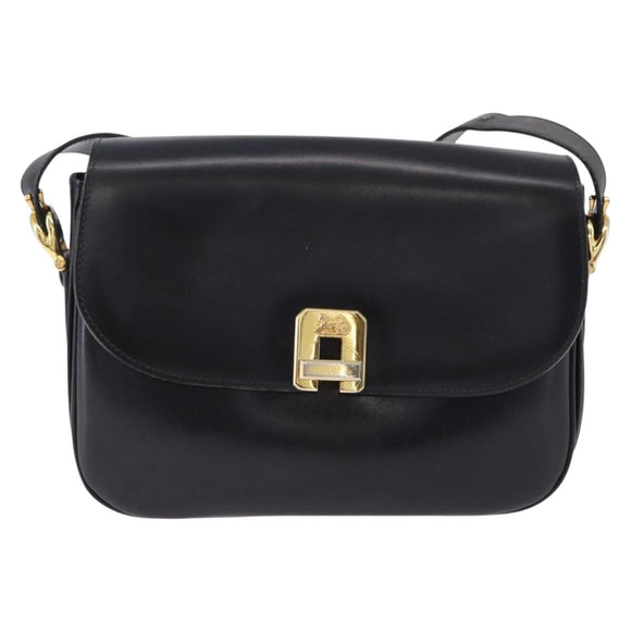 CELINE Horse Carriage Shoulder Bag Leather Black Gold Tone Auth ka5574