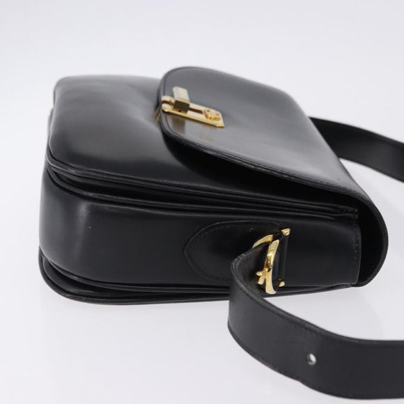 CELINE Horse Carriage Shoulder Bag Leather Black Gold Tone Auth ka5574